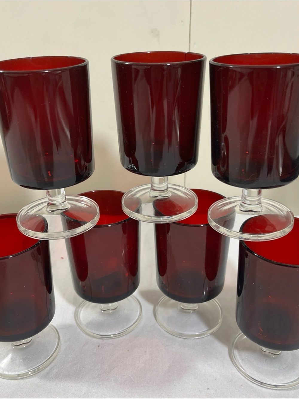 Cavalier Ruby Red Wine Glass Set 7 MCM Bar Ware Cristal Darques France 4 1/8”